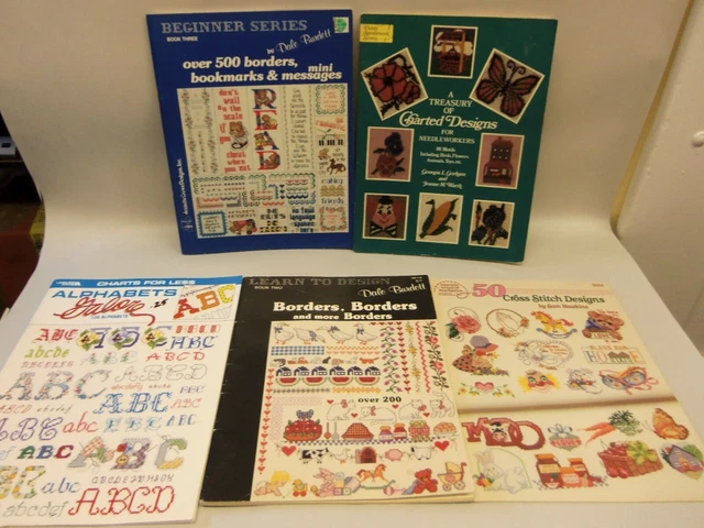 Lot of 5 COUNTED CROSS STITCH PATTERN BOOKS of LETTERS, BORDERS, DESIGNS