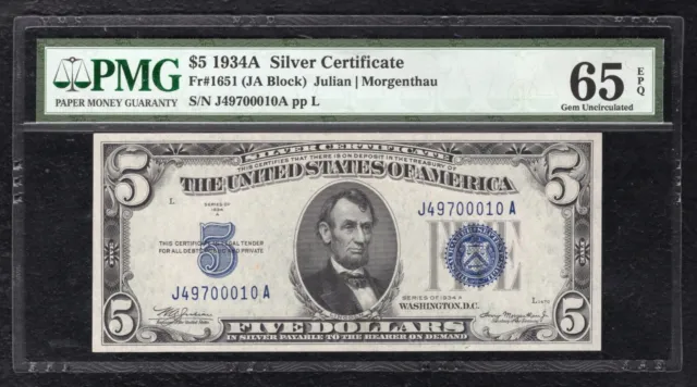 Fr. 1651 1934-A $5 Five Dollars Silver Certificate Pmg Gem Uncirculated-65Epq