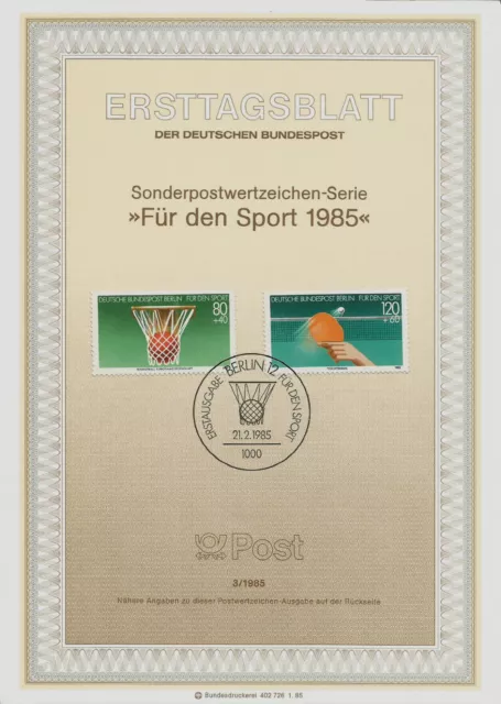 Berlin MiNr 732-733 ETB 3-85 "Sporthilfe 1985" -Sportereignisse 1985: DTTB + EM-