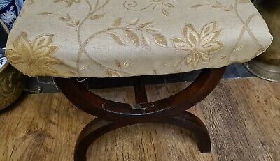 Antique Victorian Mahogany X-Frame Stool -Dressing Chair Window Seat Footstool 2