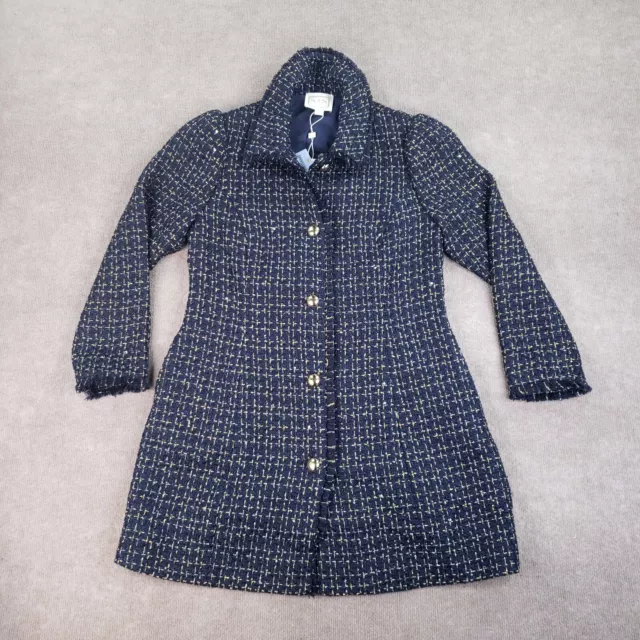 Sail to Sable Tweed Coat Womens Size Large Long Blue Gold Button Front Sequence