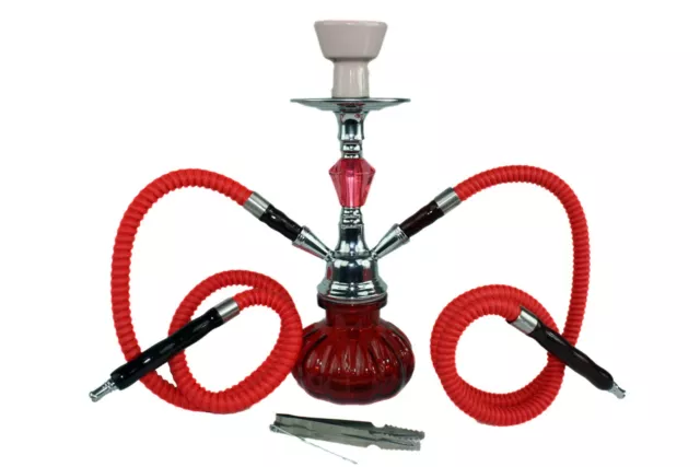 SHISHA WASSERPFEIFE 30cm MIT 2 SCHLÄUCHEN 1,5m ROT CHROM HOOKAH NARGILE NEU