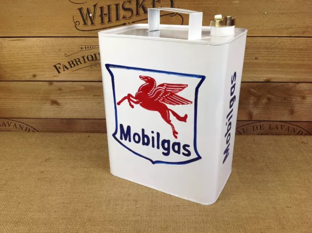 Retro vintage style white Mobilgas Oil petrol can Rectangular shaped