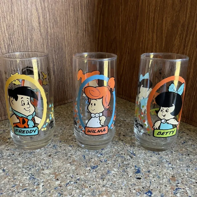 Pizza Hut 1986 Flintstone Kids FRED, WILMA, & BETTY- 3 Vintage Glasses