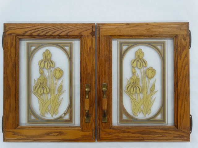 Vintage 1980's Pair Oak w/ Gold Floral Appliques Glass Cabinet / Cupboard Doors