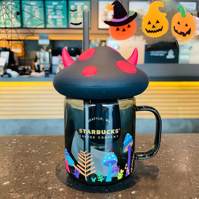 Nuevo Starbucks Halloween 2022 Champiñón Masón 18 oz Negro Paja Vidrio Taza Cuerno de Buey