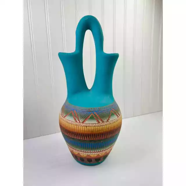 Navajo Pottery Traditional Wedding Vase Signed Terra Cotta Hand Etch Blue Tall