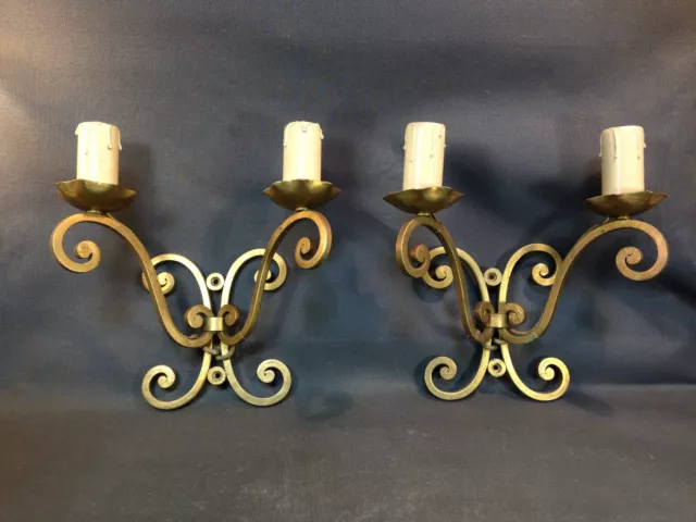 Pair Appliques Forged Iron Wall Golden Lamp Style Heraldic Lily Early 20ème