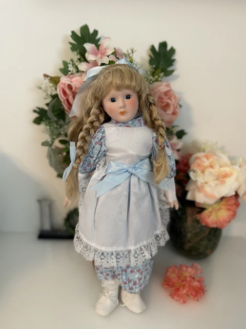 Porcelain Doll Blond Braids Hair Floral Print & White Lace Dress 16\