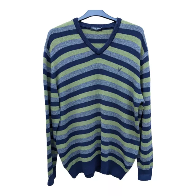 Lyle & Scott Heritage Jumper 100% Pure Wool Green Striped V-Neck Men's Size XL