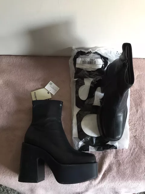 NEW PULL Bear Black Soft Faux Leather Chunky Platform Sock Ankle