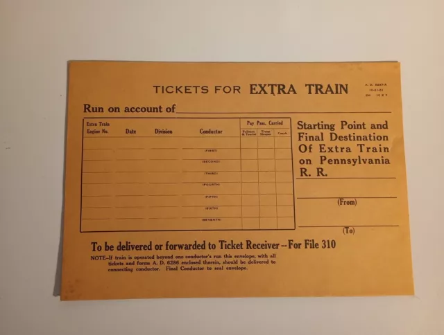 Pennsylvania Railroad Tickets For Extra Train Envelope A.D. 6257-A 10-21-1951