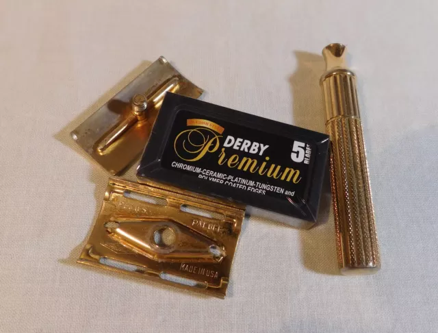 1946-1950 Gillette 3-Piece "Tech" Gold-Toned Safety Razor w/Fat Handle + Blades