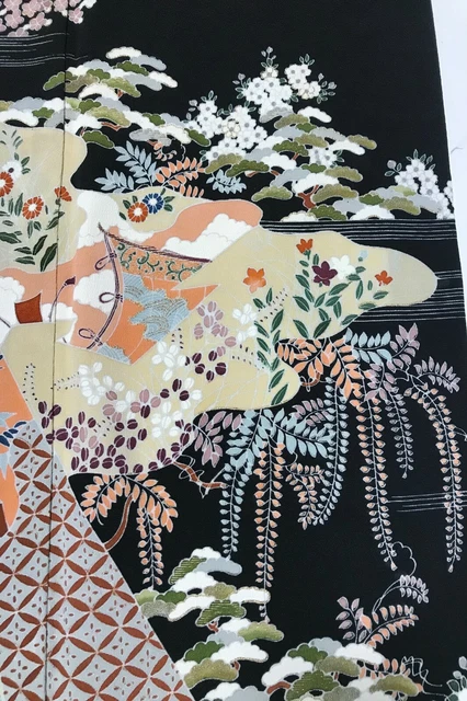 @@Japanese vintage kimono/ tomesode black silk fabric/ wisteria G61 3