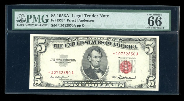 DBR 1953-A $5 Legal Gem STAR Fr. 1533* PMG 66 EPQ Serial *10732850A