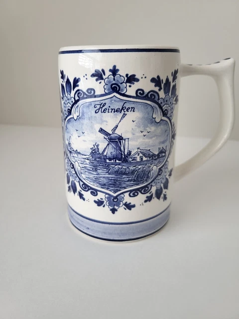 Vintage Heineken 16oz beer stein Delft blue hand painted windmill and ship