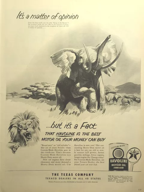 Texaco Havoline Motor Oil Angry Bull Elephant Lion King Vintage Print Ad 1953