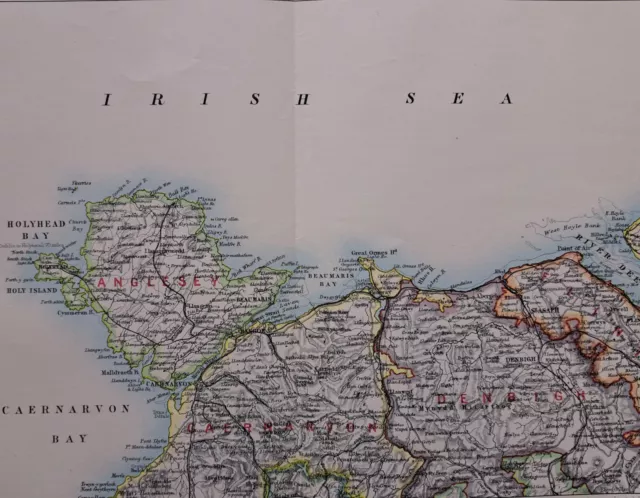 1896 North Wales, Anglesey coast map. Victorian . Caernarvon & Denbigh.