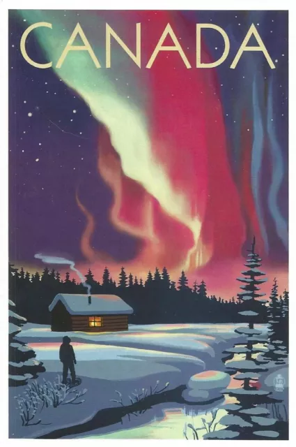 Aurora Borealis Northern Lights Cabin Canada Lantern Press Montage Postcard