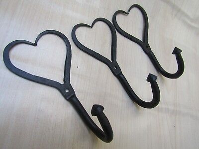 Pack of 3  SHAKER STYLE HEART HOOK BLACK hand forged rustic old vintage