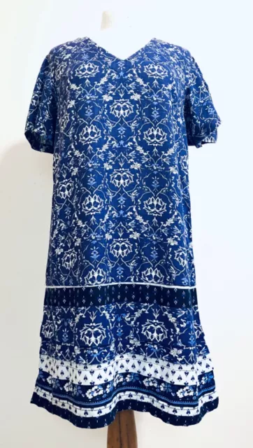 VINTAGE Next Blue White Flower Floral Linen blend Tunic Dress 10 uk Retro Dress