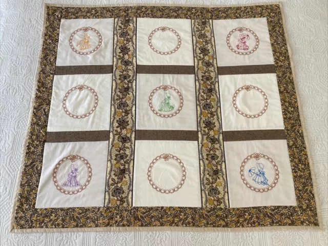 Handmade Patchwork / Embroidery Squares Small Cotton Quilt 95 cm x 83 cm