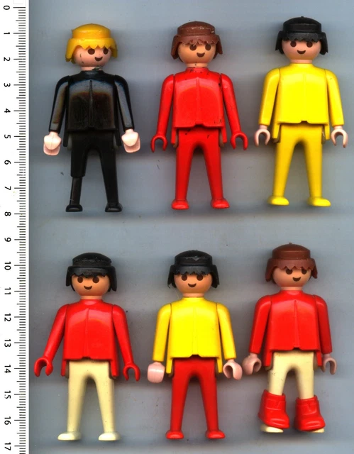 Lot de 5 figurines Playmobil Geobra vintage 1974 - Lot de 5 petits personnages avec accessoires - Ski/Skis - Disco-astronaute des années 70-Ouvrier du bâtiment-Fermier - France