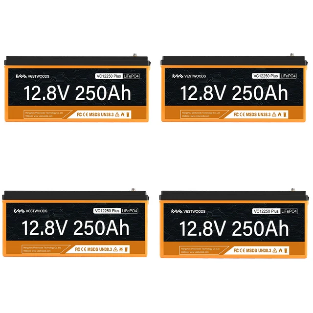 12V 250AH LiFePO4 4PCS Lithium Battery 200A BMS APP for RV Marine Off-Grid Solar