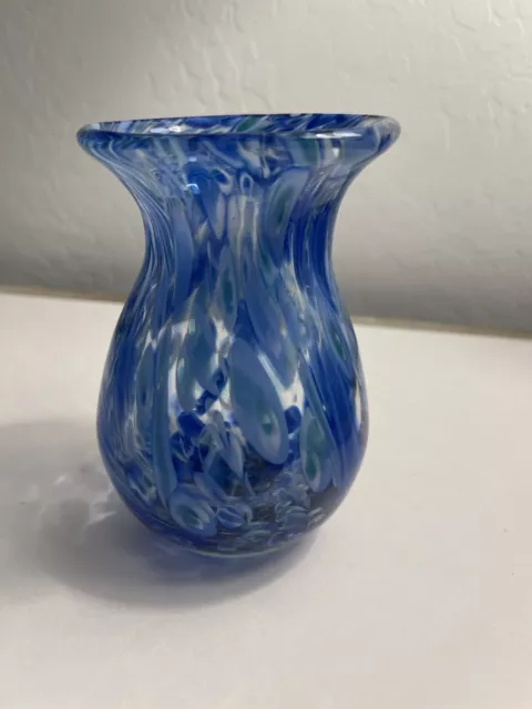 Handblown Art Glass Round Ribbed Cobalt Blue Vase w/ Millefiori Accents 5.5"