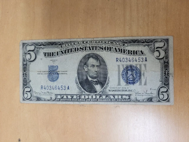 1934 D Five DOLLAR SILVER CERTIFICATE $5 Note Bill CIRCULATED