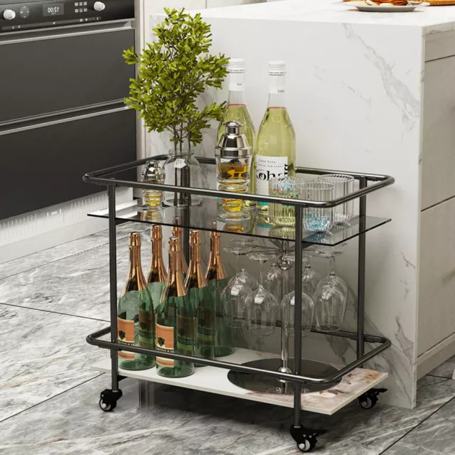 Stylish Layer Marble Drinks Trolley Glass Shelves Eye Catching Black With Castor