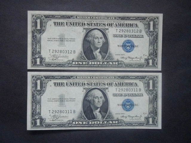 (2) 1935 A $1 Consecutive Silver Certificates Blue Seal Uncirculated