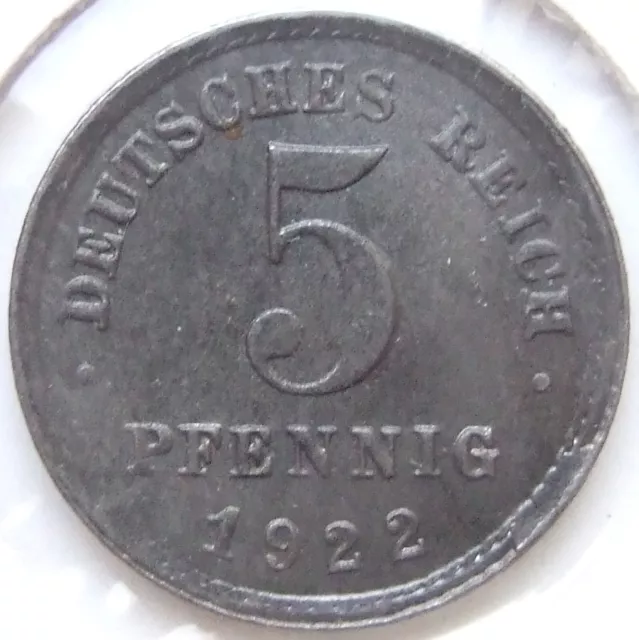 Ersatzmünze Deutsches Reich 5 Pfennig 1922 E in fast Stempelglanz