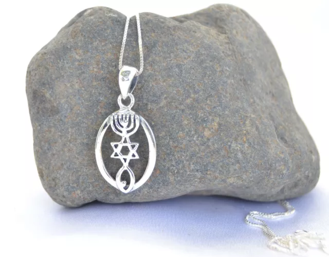 Sterling Silver 925 Messianic Seal chain & pendant Israel Star of David Menorah
