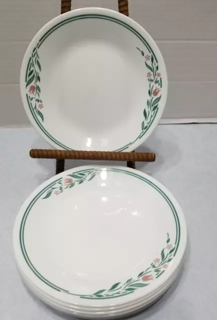 Corelle Set 8 Rosemarie 6 3/4" BREAD & BUTTER Dessert PLATES Green Pink Tulip