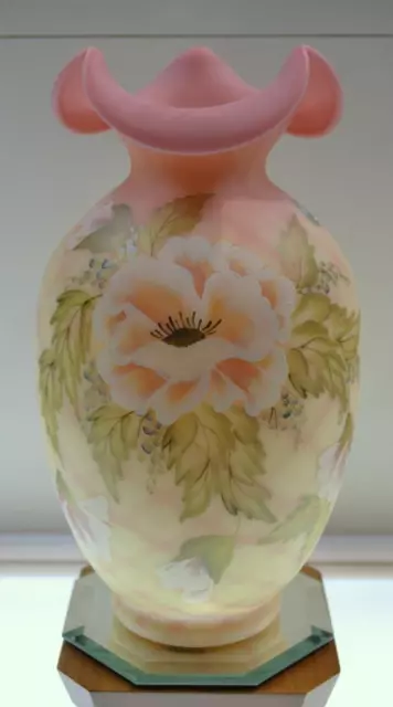 FENTON VASE Y Burmese Dmd Op ROSE POPPIES BILL #d 1974 4855WL FREEusaSHIP