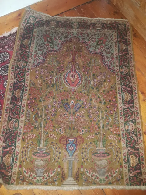 Vintage Antique wool old Rug animals Floral Exotic birds intricate 53x38 inches