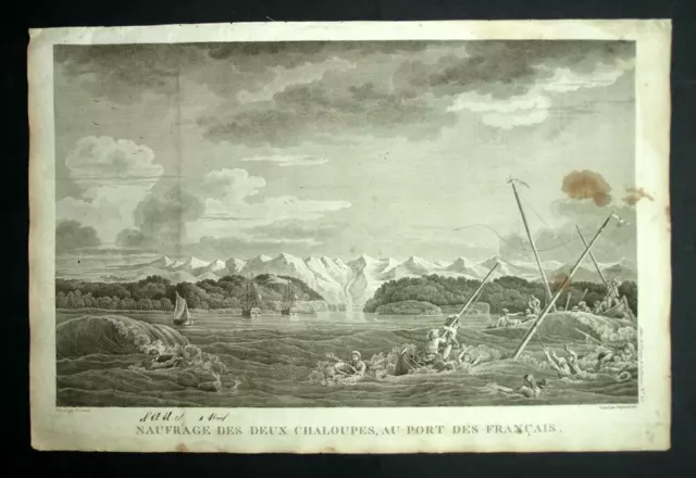 Engraving Voyage de La Pérouse, SHIPWRECK OF TWO BOATS AT MONT SAINT ELIAS