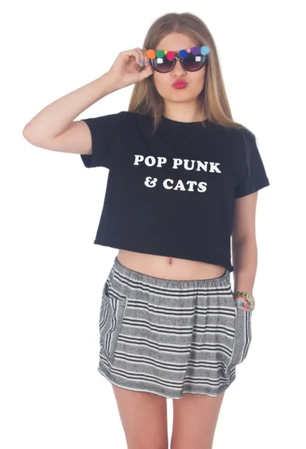 Pop Punk & Cats Crop Top Shirt Cute Grunge Tumblr Fashion Blogger Rock And