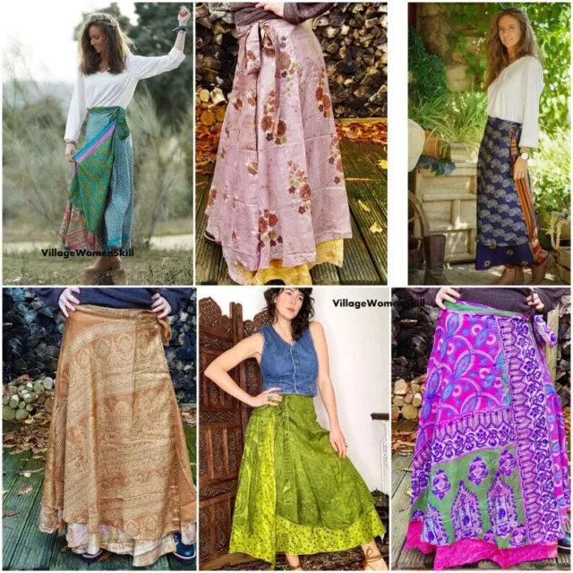 15 PC Vintage Seide Sari Magic Wrap Around Rüschenrock Kleid Großhandel Lot...