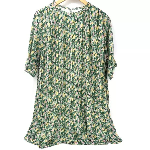 Melloday Plisse Dress Womens Large Ruffle Neck Short Sleeve Boho Green Floral