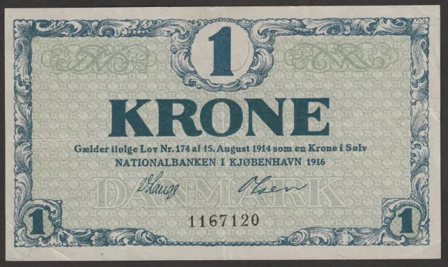 Denmark 1 Krone Banknote 1916 Choice Very Fine Condition Pick#12-A