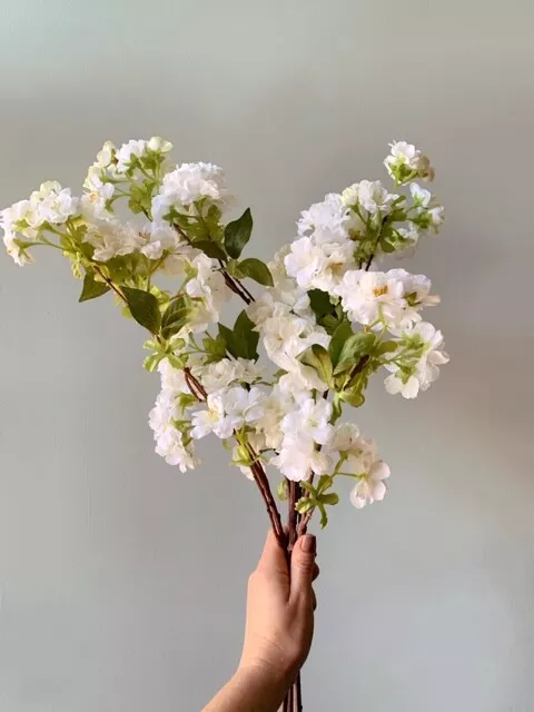 Bunch of Realistic White Cherry Blossoms,3 stems,Faux Artificial Silk Flowers