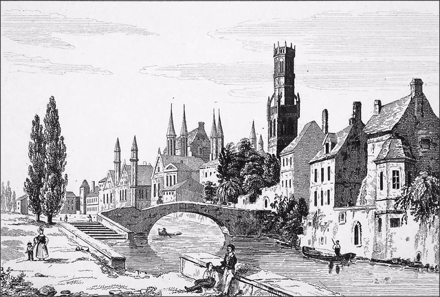 BELGIQUE - BRUGES (BRUGGE) vue du Rozenhoedkaai (Quai Rozenhoed)- Gravure 19e