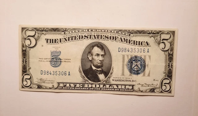 1934A $5 Dollar Bill Silver Certificate Blue Seal Note - Very Old