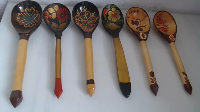 6 Holzlöffel, bemalt und lackiert, slawische Kunst