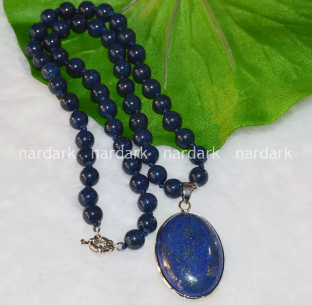 Natural Blue Egyptian Lapis Lazuli Gemstone Beads Oval Pendant Necklaces 18" AAA