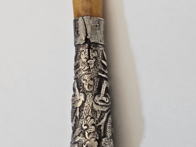 Antique Asian Cigarette Holder Sterling SIlver Vietnam Horn Mouthpiece ! (ЮQ25) 3