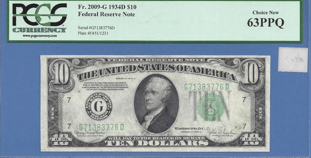 $10 Federal Reserve Note 1934-D - Fr#2009-G,  Choice New PCGS 63 PPQ