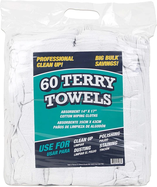 Arkwright TT60 White Terry Mop Towels Bulk - Pack of 60 Absorbent and Quick Rags